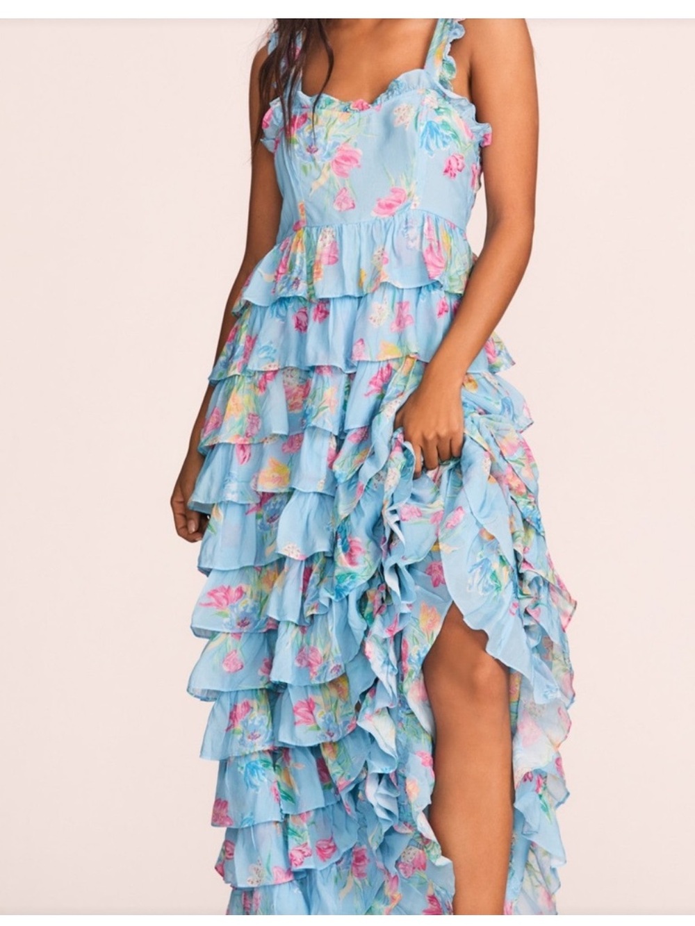 LoveShackFancy Blue Floral Ruffle Maxi Dress